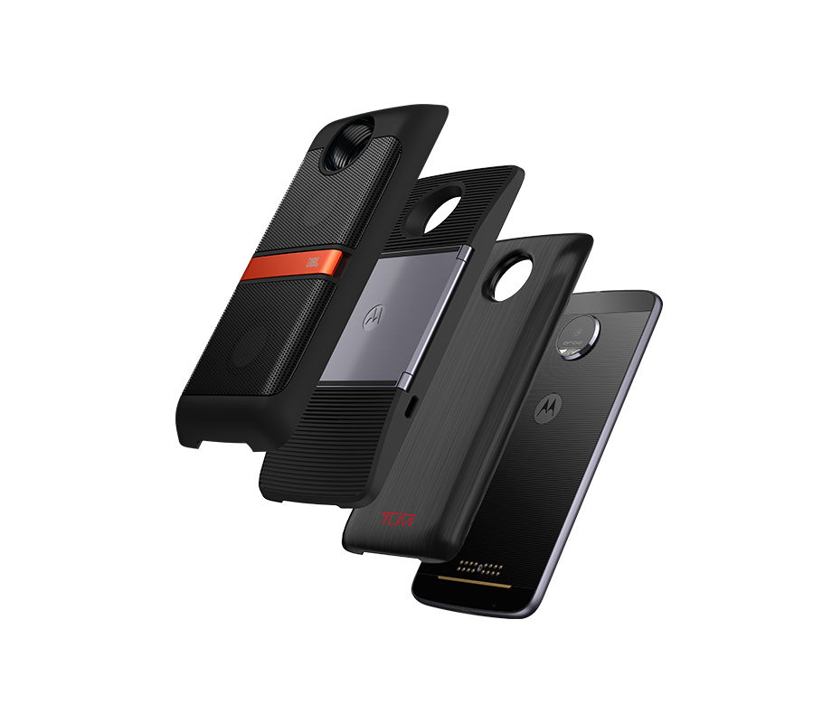 A variety of different Moto Mods that attach via a magnet to the back of the Moto Z Force Droid.