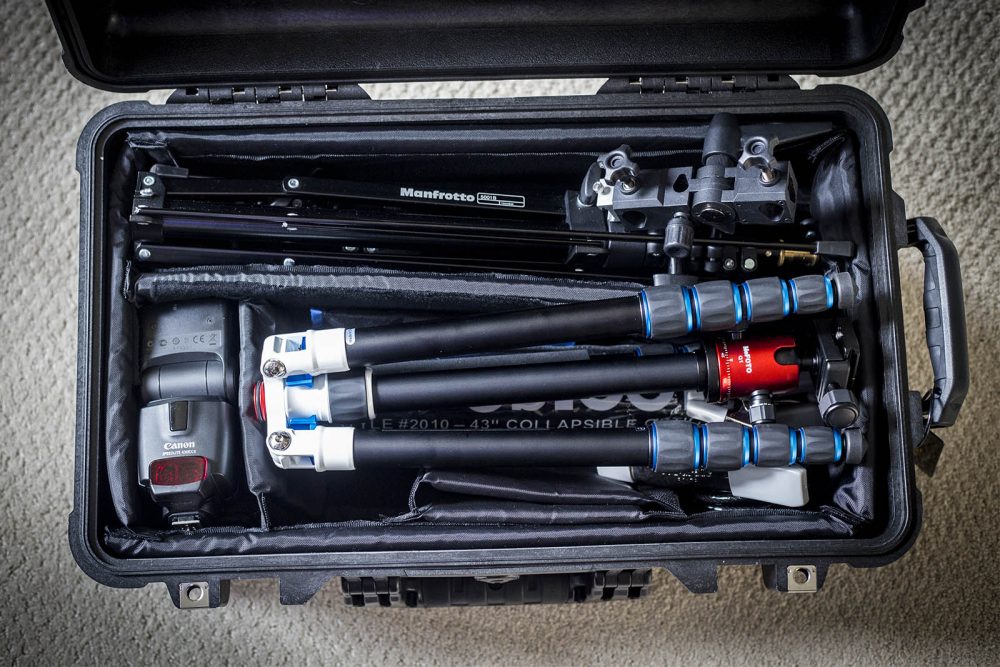 Most of my lighting kit fits into the carry-on friendly Pelican 1510 case.